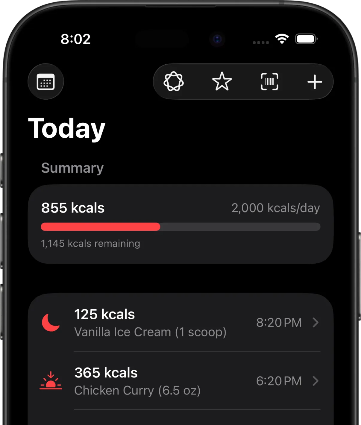 The dashboard of Cicolator displaying a day's worth of inputted items and their total calorie count