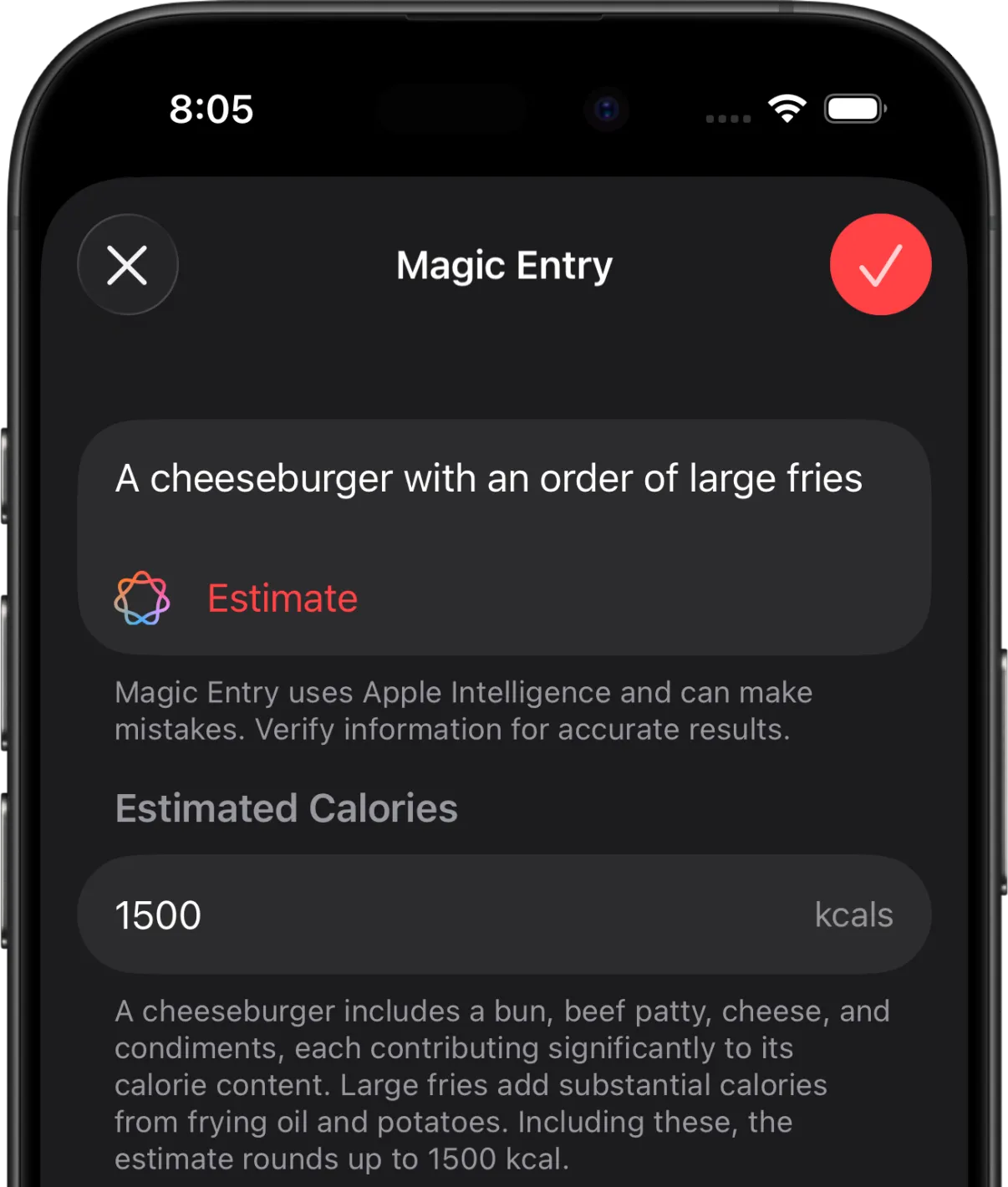 Cicolator's Magic Entry showing a 1500 kcal estimate for the prompt: A cheeseburger with an order of large fries