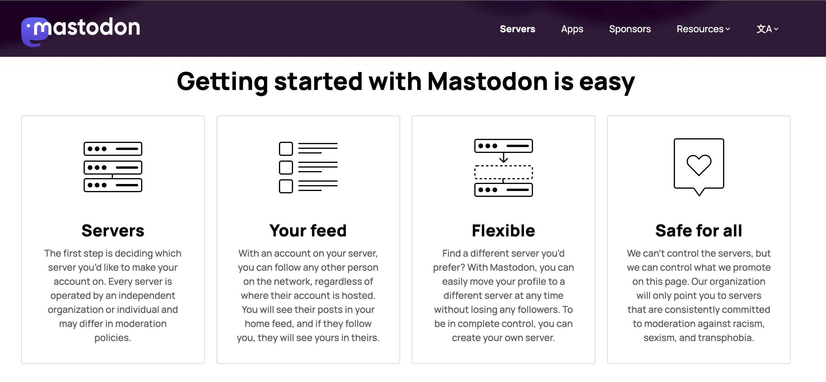 Mastodon's sign up page showing server selection options