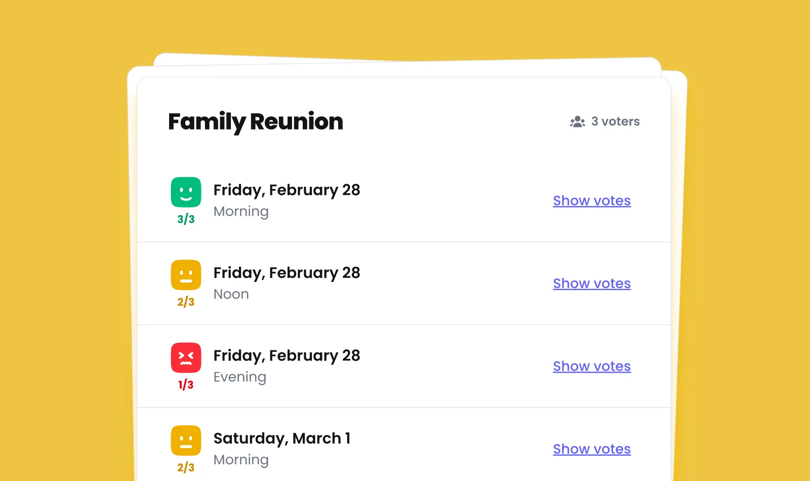 Pickaday’s result view showing an event poll with four options and various votes between them