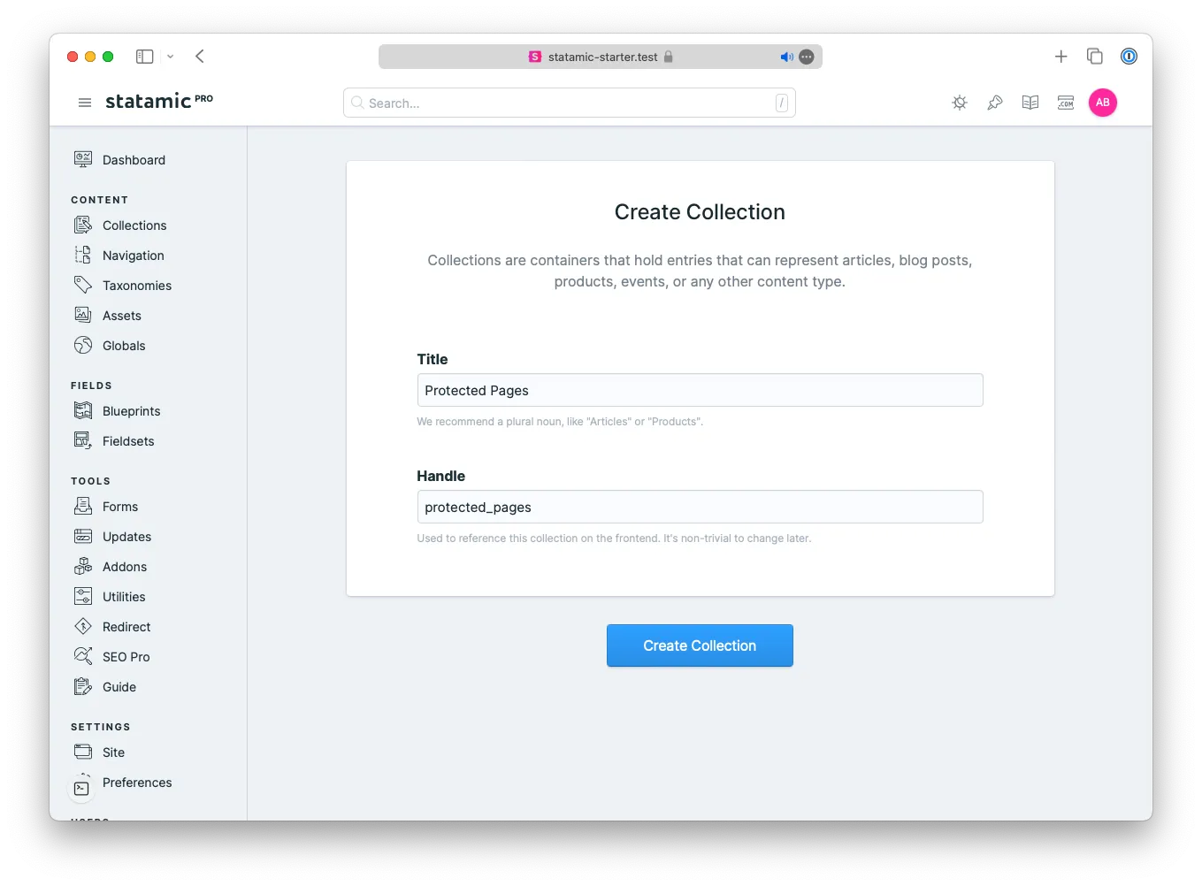 A collection in Statamic called 'Protected Pages'