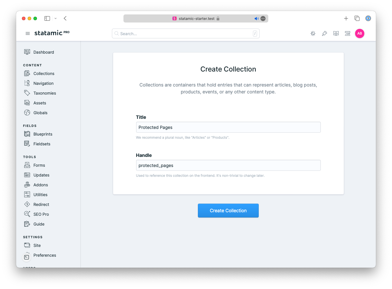 Creating a new collection in Statamic with the name 'Protected Pages'