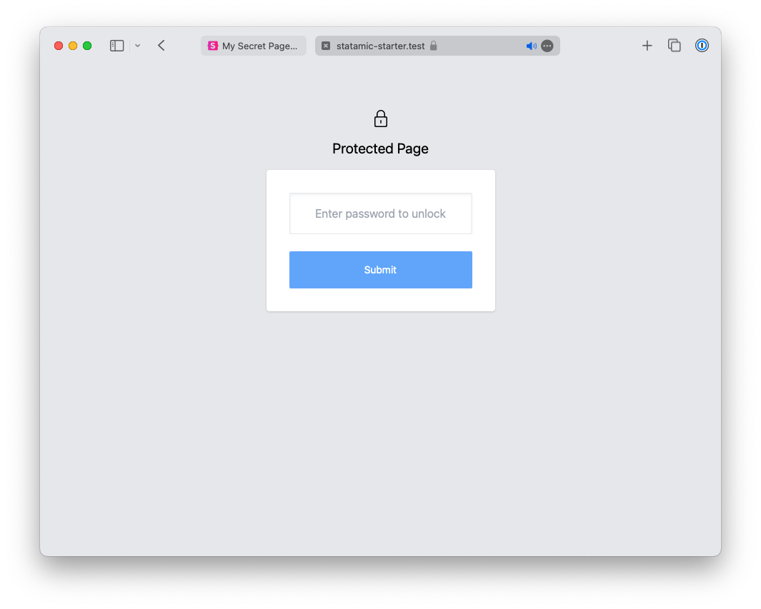 The password input screen on our first entry in the Protected Pages collection