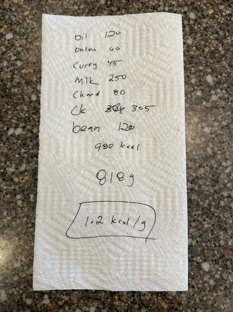 A list of ingredients crudely written on a paper towel