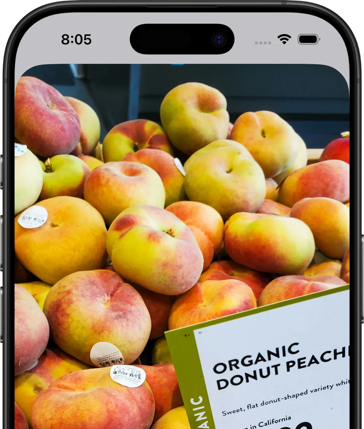 Cicolator's barcode scanner displaying a stack of peaches
