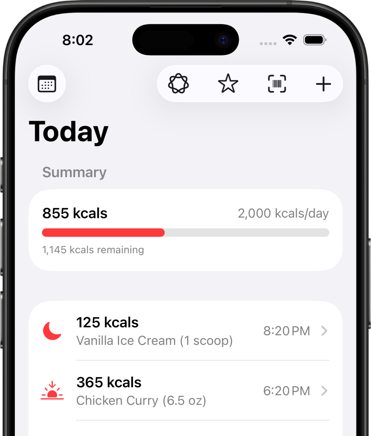 The dashboard of Cicolator displaying a day's worth of inputted items and their total calorie count